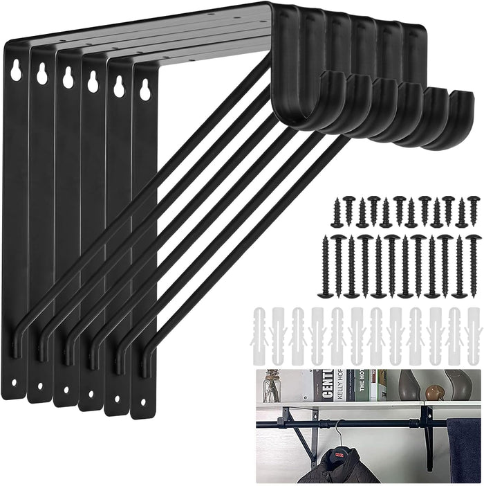 6 Pack Closet Shelf & Rod Brackets, 11x11 Closet Brackets, Black