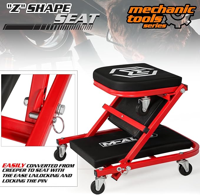 M-AUTO Foldable Z Creeper 2-in-1 Rolling Folding Car Creeper & Seat, 330LBS