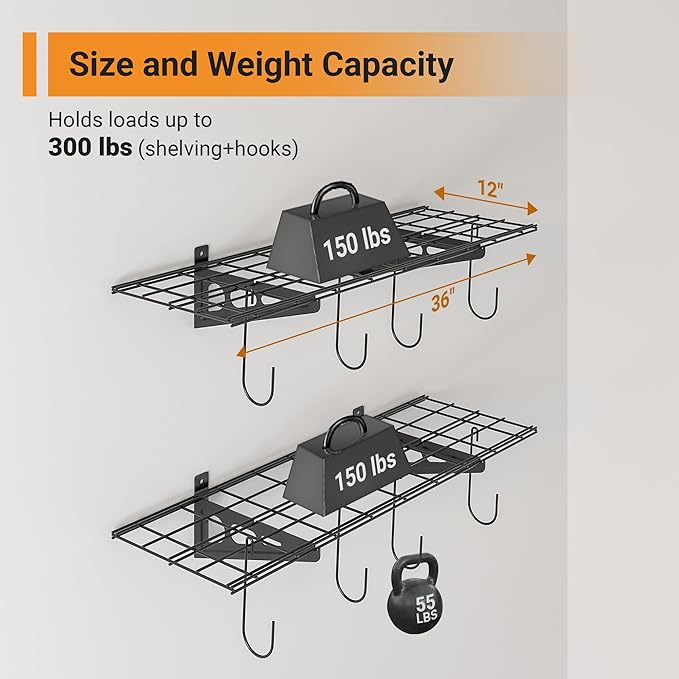 1x3 ft Garage Shelving with 8 Bike Hooks, Pantry Storage, 300 lbs Total Load ...