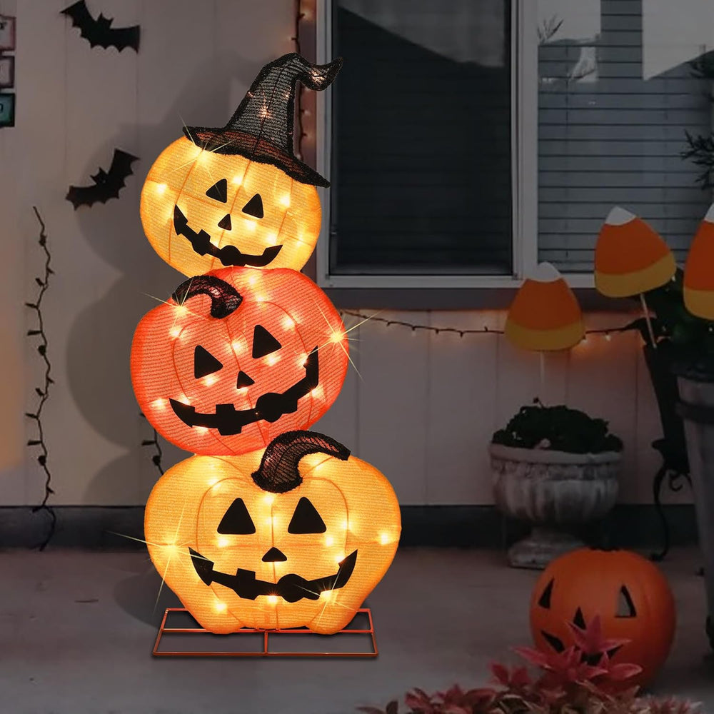 Halloween Lighted Stacked Pumpkins Decoration, Pre-Lit with 50 Warm White Lig...