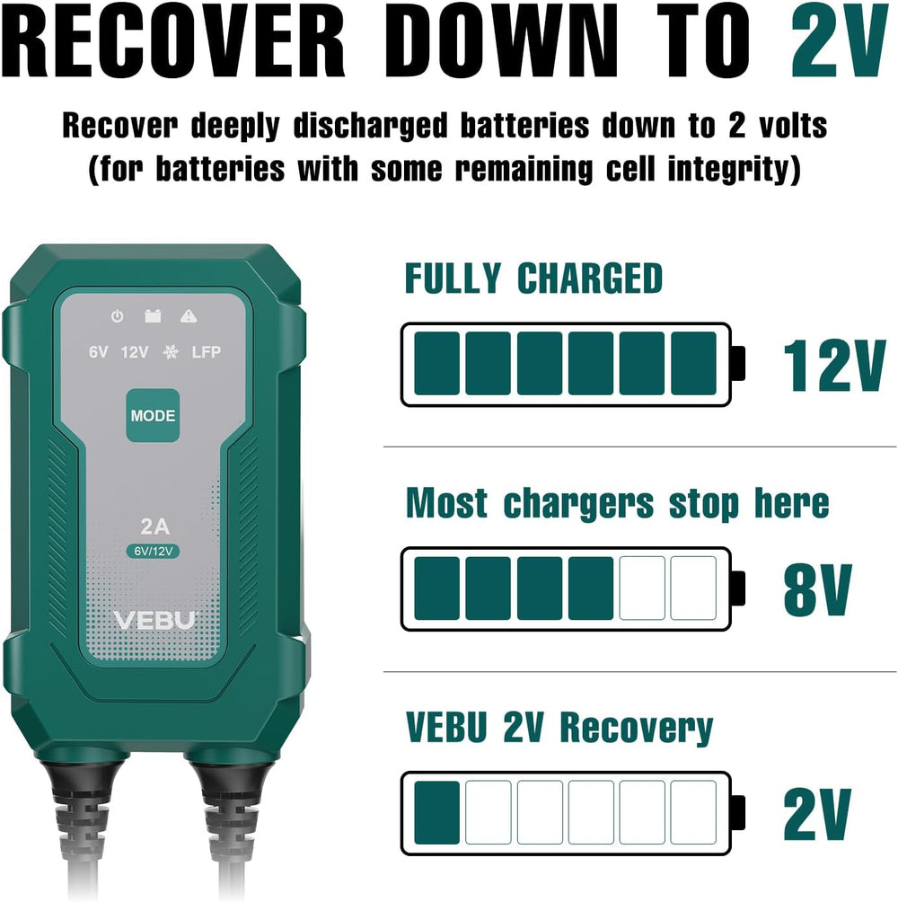 Smart 2A 6V/12V Battery Charger Maintainer - Auto Desulfator & Winter Mod...