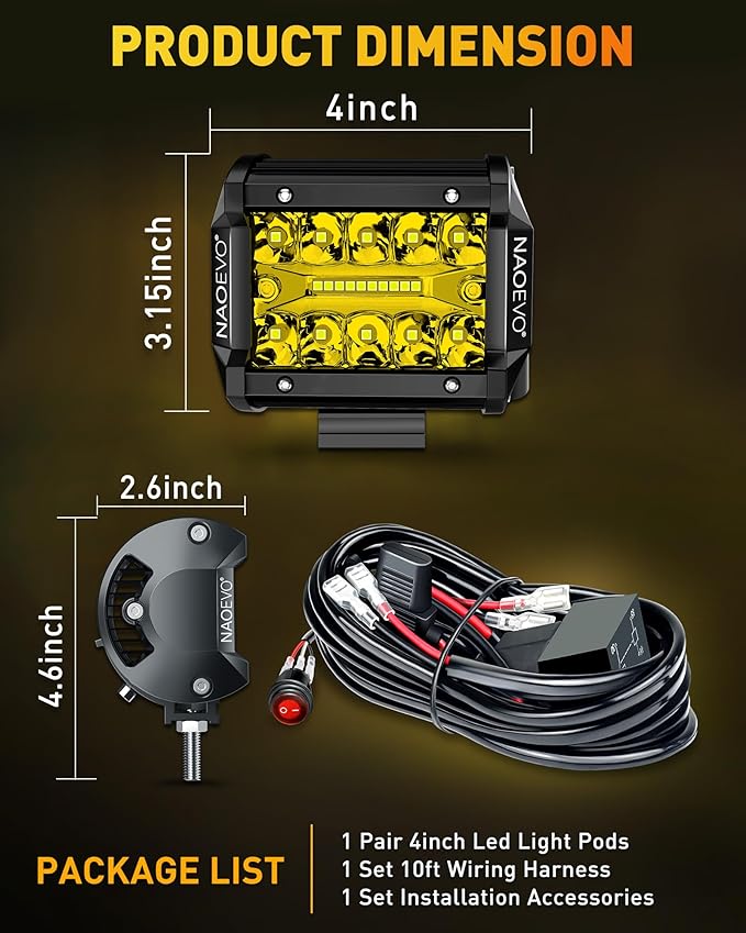 NAOEVO 4 Inch LED Pod Lights, Spot Flood Yellow LED Fog/Driving/Off Road Lights
