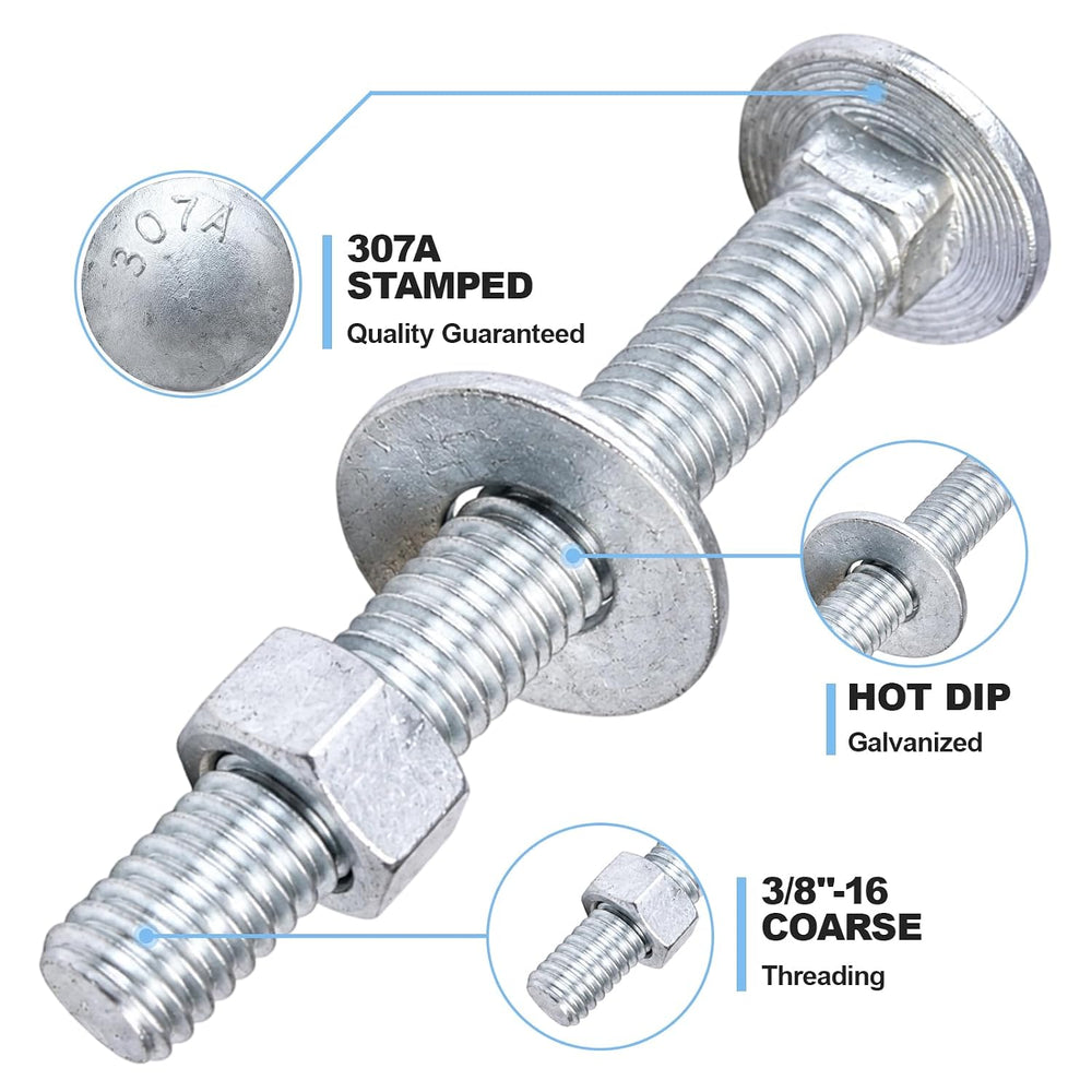 3/8" x 6-1/2" Carriage Bolt Kit 50 Pack, Grade 307A, Hot Dip Galvan...