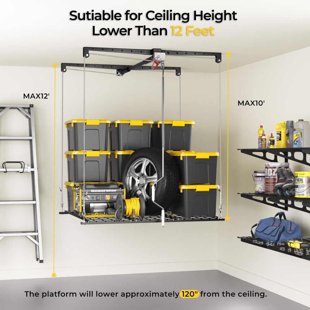 Overhead Garage Storage Rack for 10-12ft Ceiling, Heavy-duty 4x4 FT Garage Ce...