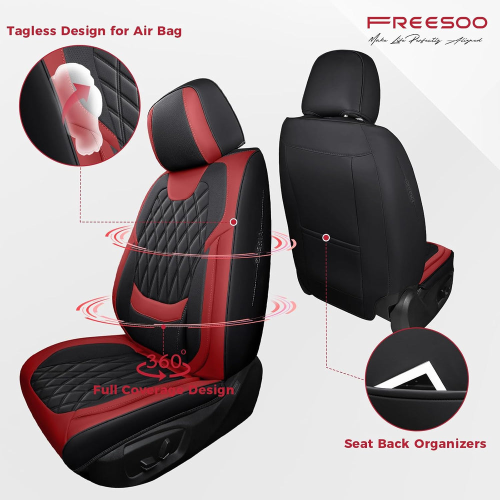 FREESOO Car Seat Covers Full Set Faux Leather Universal Fit Black Red