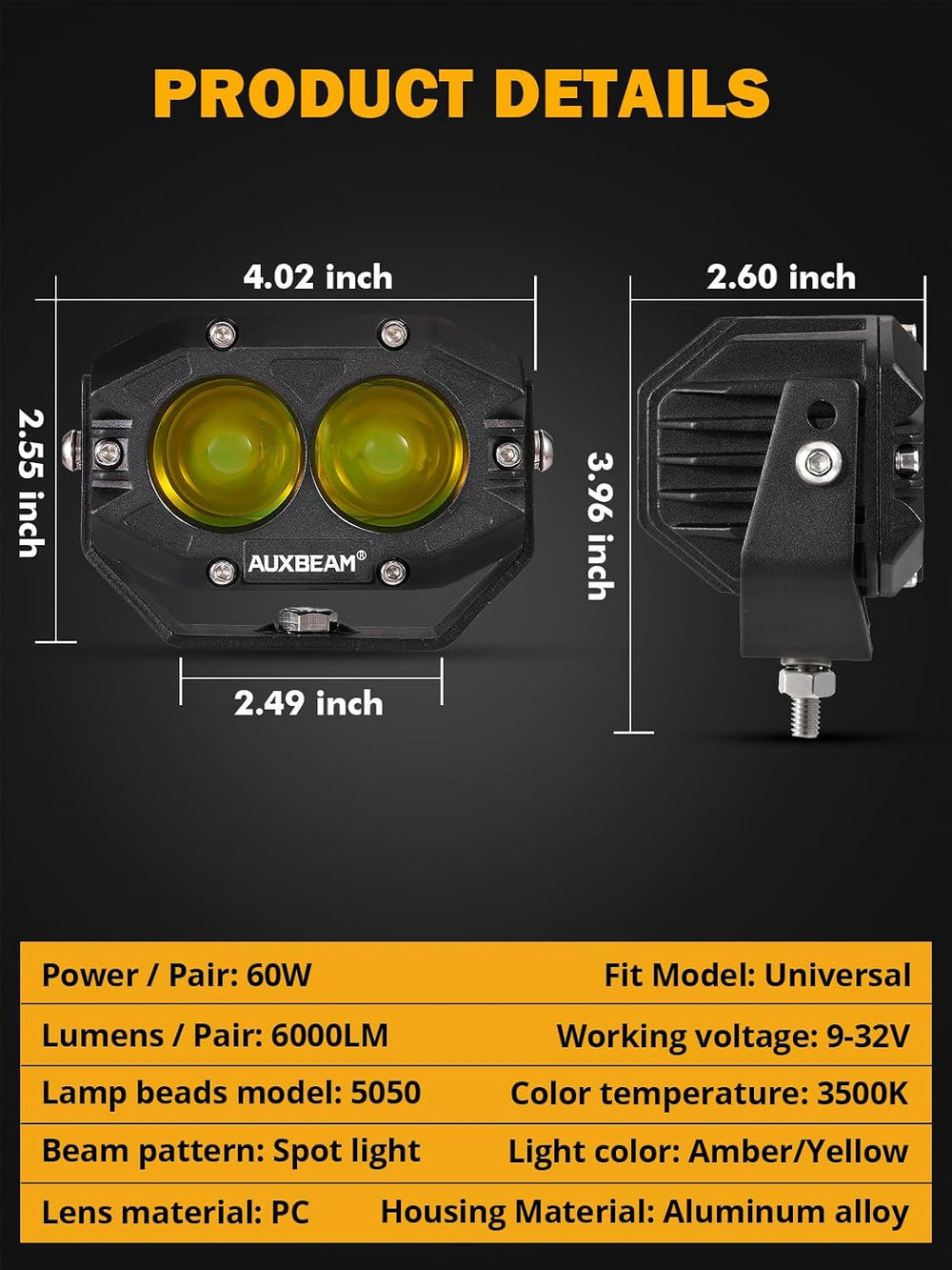 Auxbeam 4 Inch Amber Fog Lights, 60W Square R4 Series Off Road Spot Beam