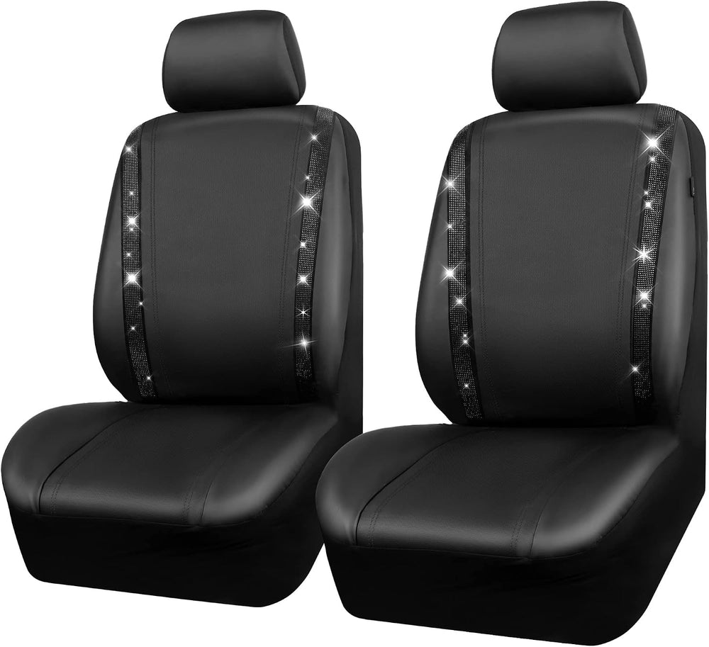 CAR PASS Leather Bling Diamond Car Seat Covers 2 Front Interior Sets, Waterpr...