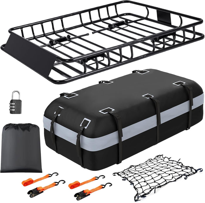 Adjustable Roof Rack Basket 45"-64" x 36" x 5" with 20 Cu.Ft Waterproof Cargo Bag - Heavy Duty Steel Cargo Carrier for SUV Truck Van, 250 lbs Capacity, Complete Accessory Kit