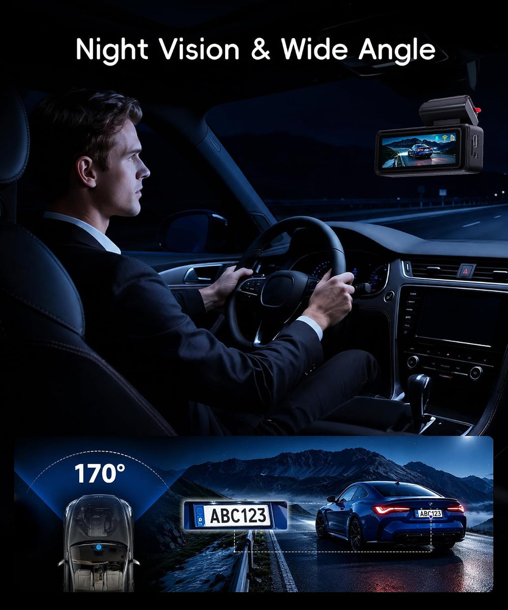 4K Dash Cam Dual Channel Front and Rear, Night Vision, 5GHz WiFi, 64GB Card