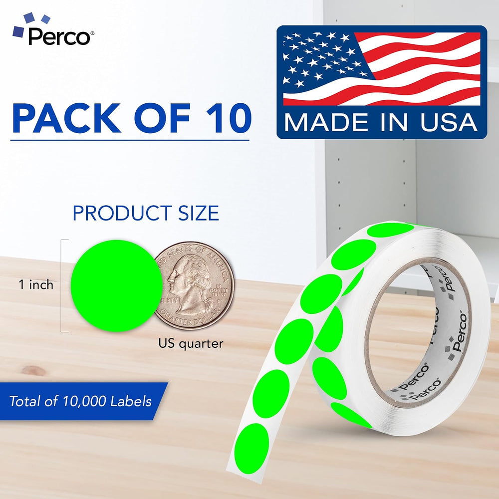 Perco Neon Green Perforated Round Circle Dot Sticker 1-Inch Labels — 10 Rolls...