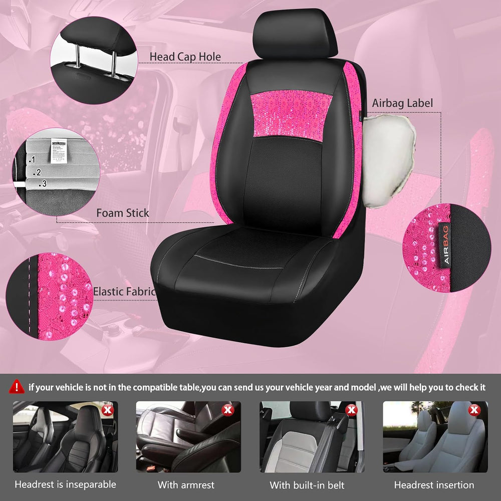 CAR PASS Universal Leather Pink Lace Car Seat Covers Full Set for Women Girls...