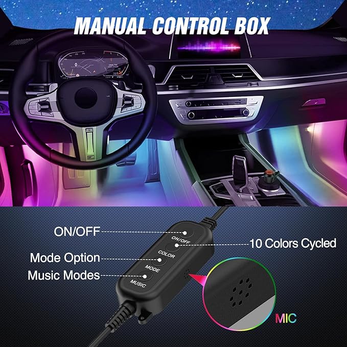 Nilight 4PCS Interior Car Strip Lights Cigarette Lighter Dream Color RGB-IC 12V