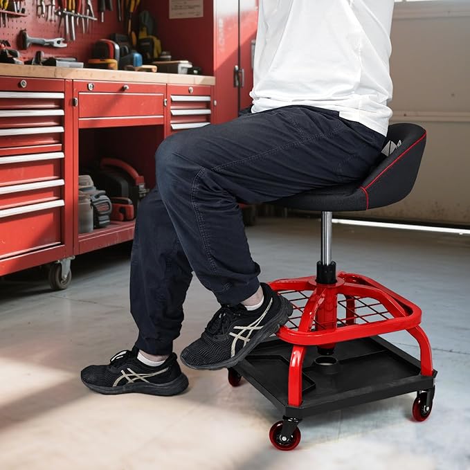 Rolling Stool with Red Wheels, Heavy Duty Garage Work Mechanic Rolling Shop