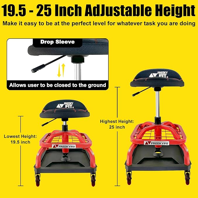 Rolling Stool with Red Wheels, Heavy Duty Garage Work Mechanic Rolling Shop