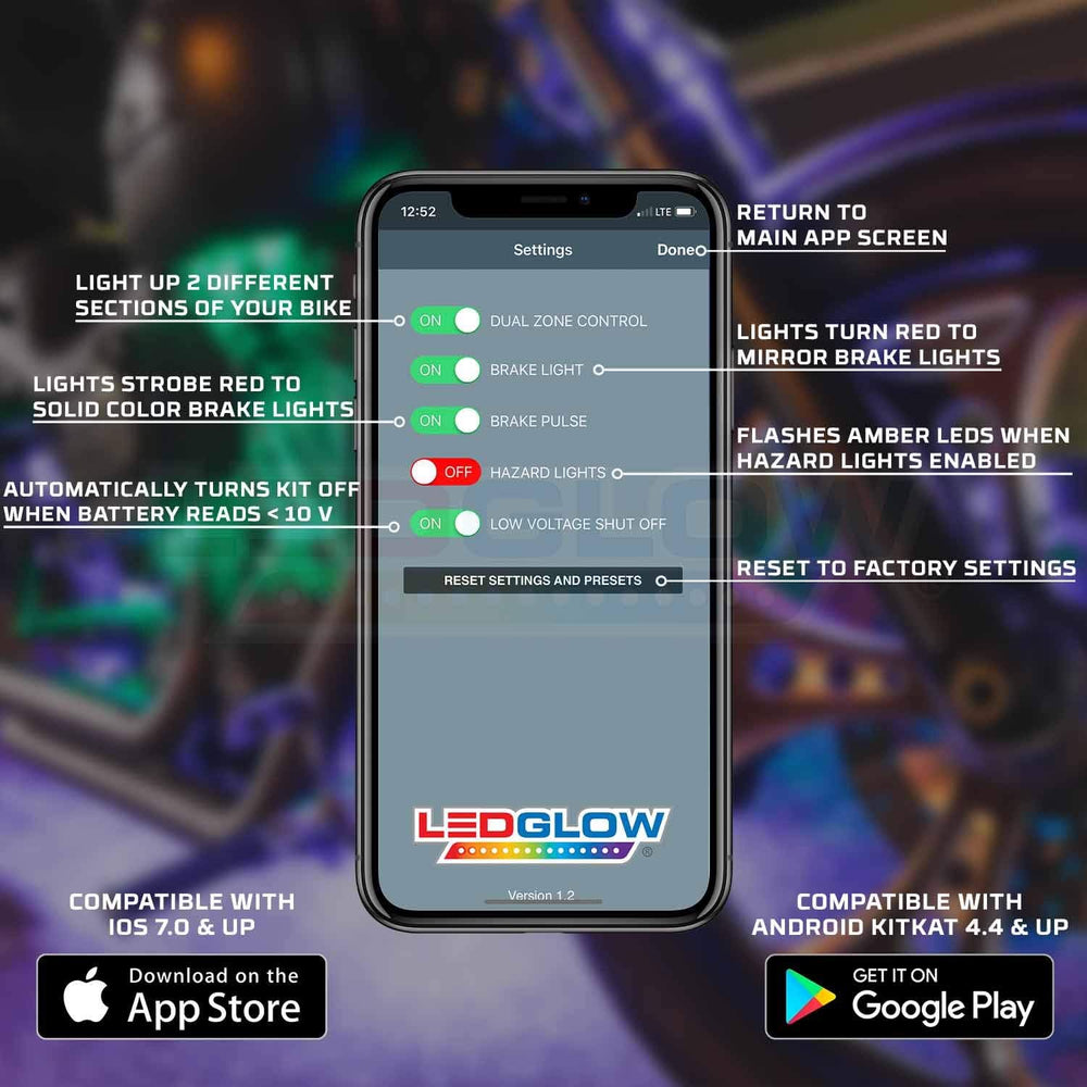 LEDGlow 12pc Bluetooth Advanced Million Color LED Motorcycle Accent Underlow ...