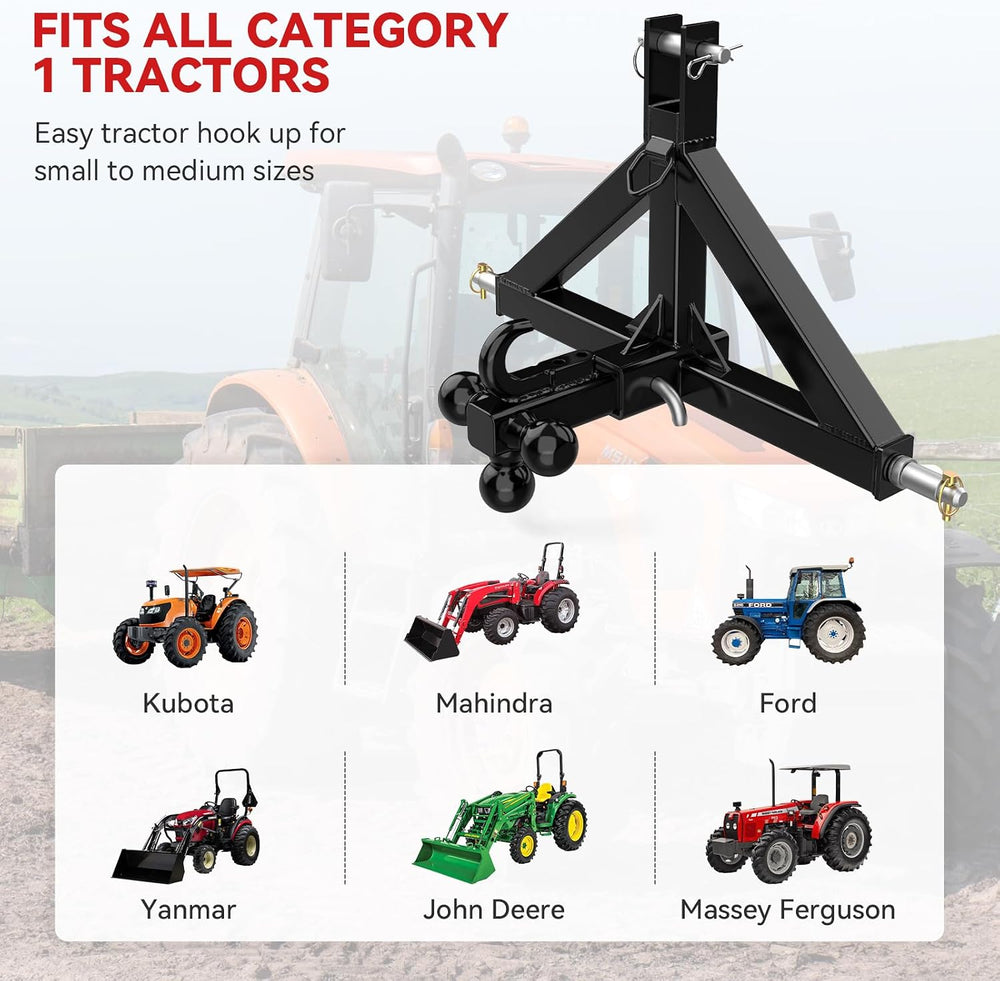 3 Point Trailer Hitch 2” Receiver for Category 1 Tractor Quick Hitch, Black