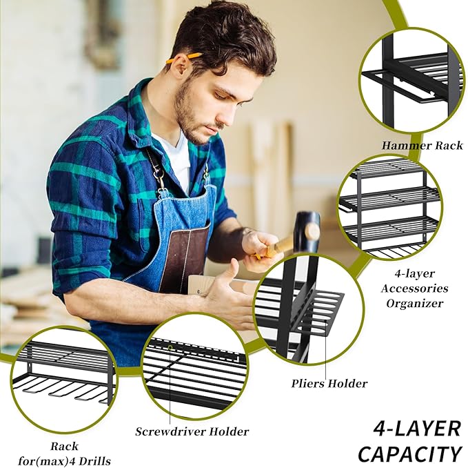 KAFAHOM Power Tool Organizer, 4 Layer Drill Holders Wall Mount, Heavy Duty