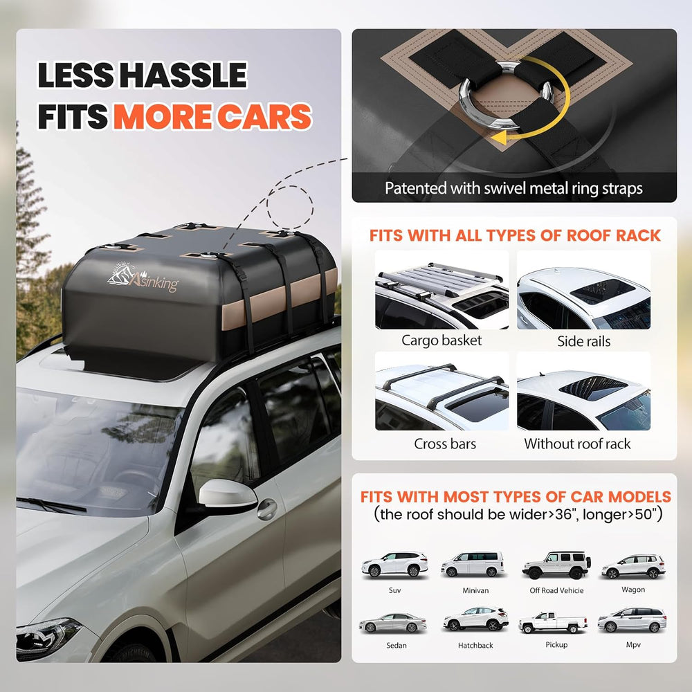 Asinking Car Rooftop Cargo Carrier Bag, 15 Cubic Feet Waterproof Roof Cargo B...