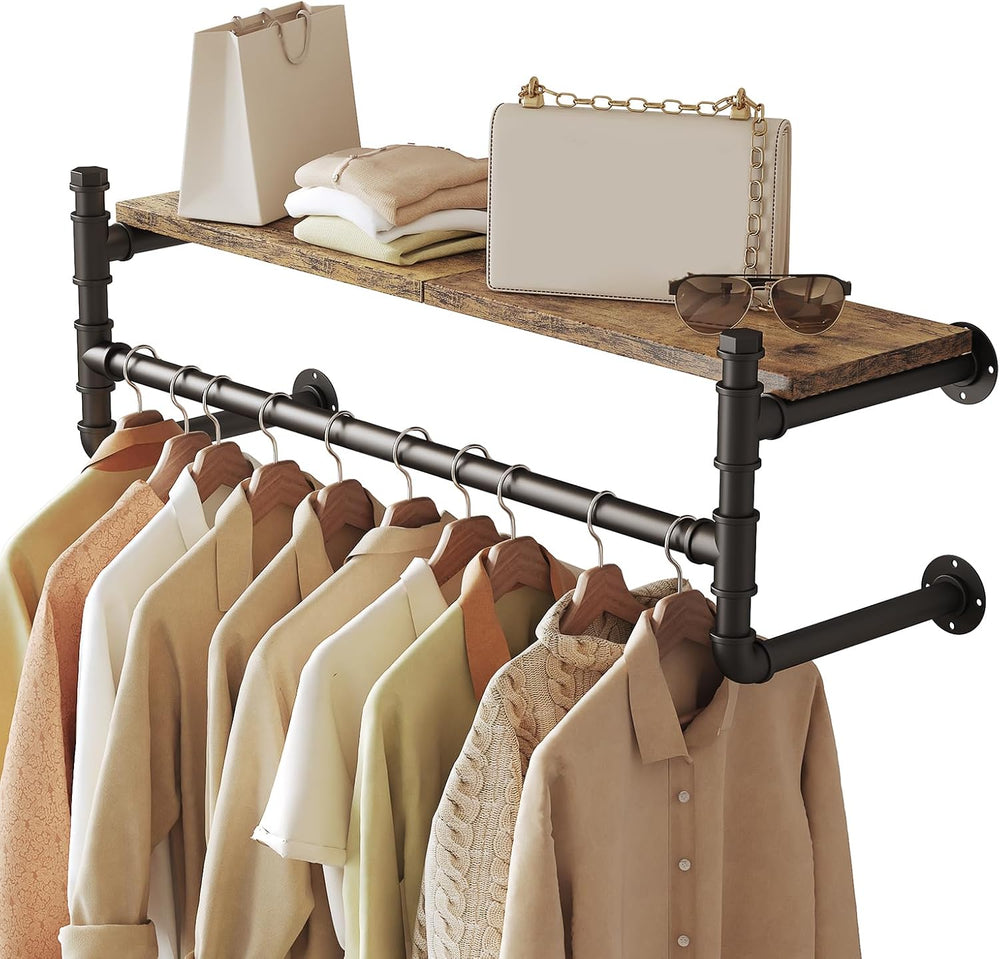 Industrial Pipe Clothing Rack,Wall Mounted Clothes Rack with Shelf
