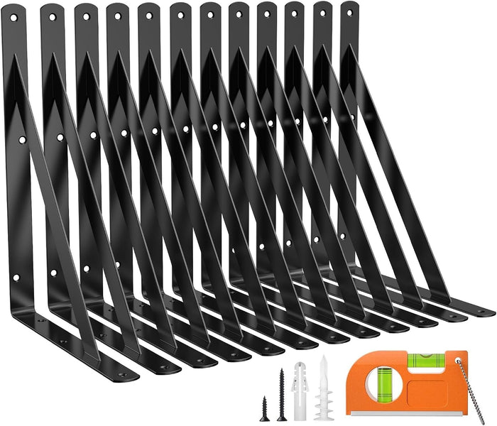 12 Pack 10 Inch Heavy Duty Shelf Bracket, Wall Shelf L Brackets for Floating Shelves, 250 LBS Max Load, Mounting Hardware Include, Black