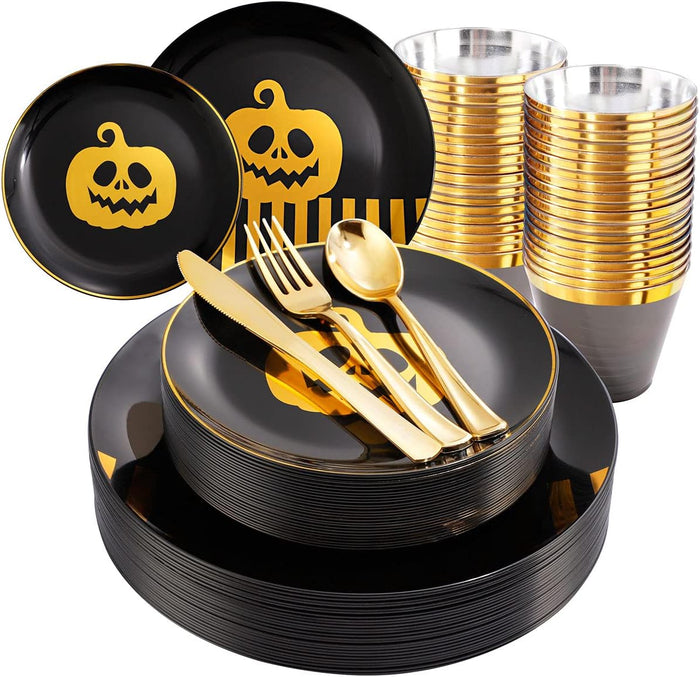 KIRE 25 Guest Halloween Plates Black Gold Plastic Plates Smiley Pumpkin include 50PCS Black &150PCS Gold Plastic Silverware&25PCS Clear Black Cups for Halloween Party