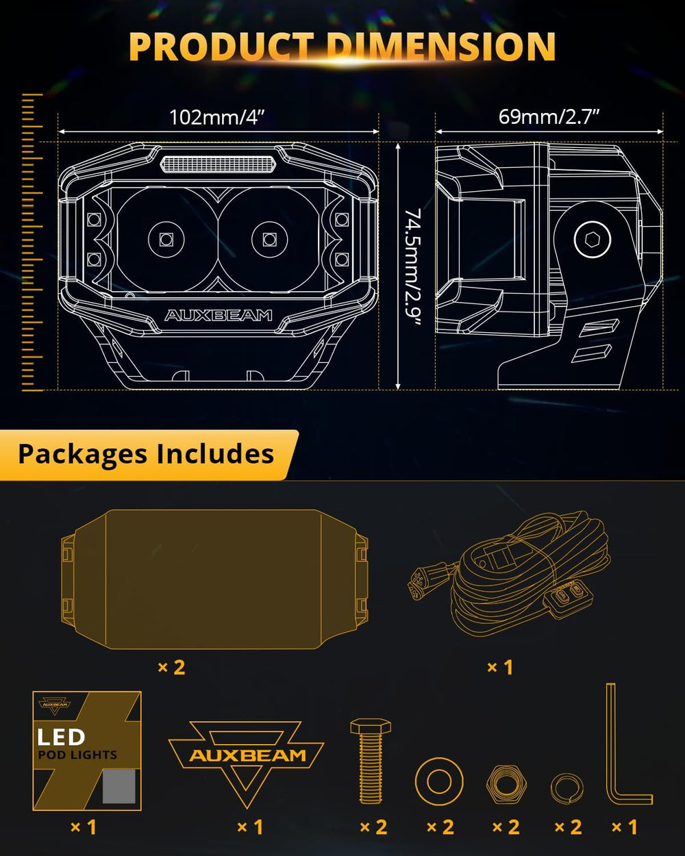 Auxbeam V-MAX Series 4'' Cube LED Light Pod 270° Side Shooter Ditch L...