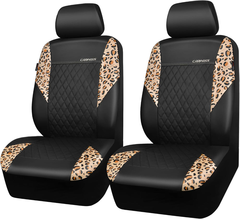 CAR PASS Leather Leopard Two Front Seat Cover Only, Universal Quilting Waterp...