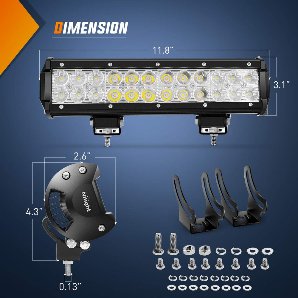 Nilight 12 Inch 72W LED Light Bars Spot Flood Combo Off-Road Light Mounting B...