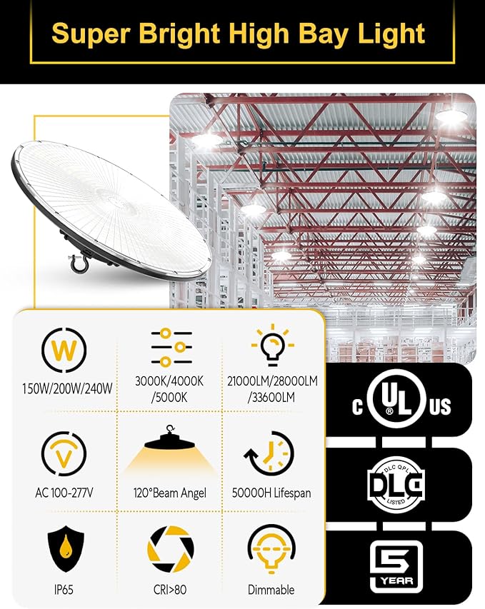 UFO LED High Bay Light, 240W/200W/150W Adjustable, UL & DLC Listed