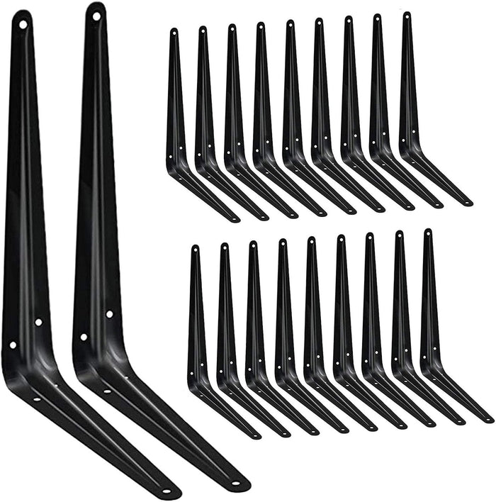 20 Pack Shelf Brackets 10 Inch, Heavy Duty Black Metal Floating Shelf Bracket, Rustic Farmhouse Decorative Iron L Bracket, J Brackets Wall Angel Corner Brace for Wood Shelves