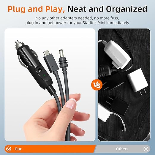 Starlink Mini 3-in-1 DC Power Cable 16FT, USB-C 12-24V Cigarette Lighter Plug...