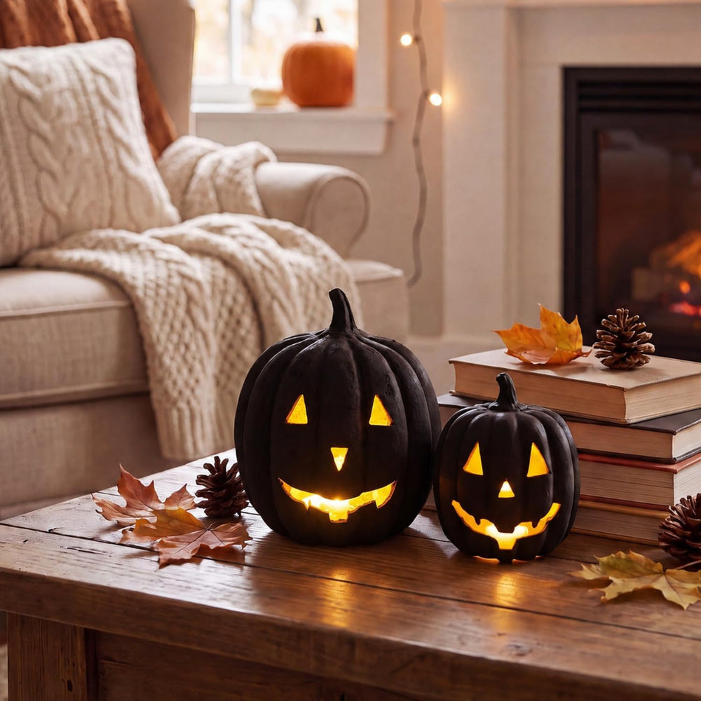 Tenceur 2 Pack Halloween Paper Mache Jack O' Lanterns Pumpkin Indoor, Black