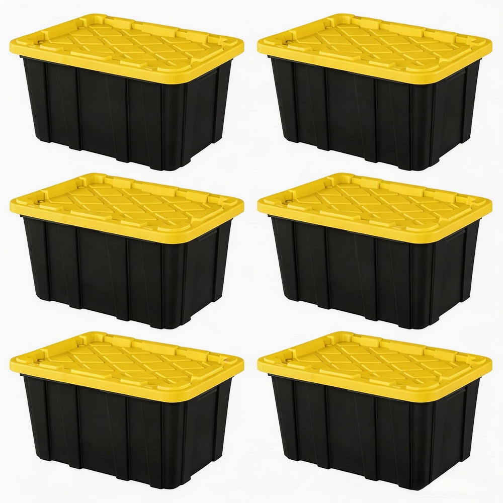 6-Pack 27 Gallon Storage Totes with Lids, Stackable Black & Yellow Bins