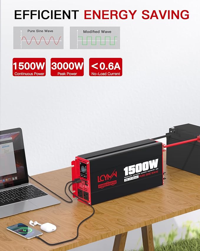 1500 Watt Pure Sine Wave Power Inverter DC 12V to AC 110/120V