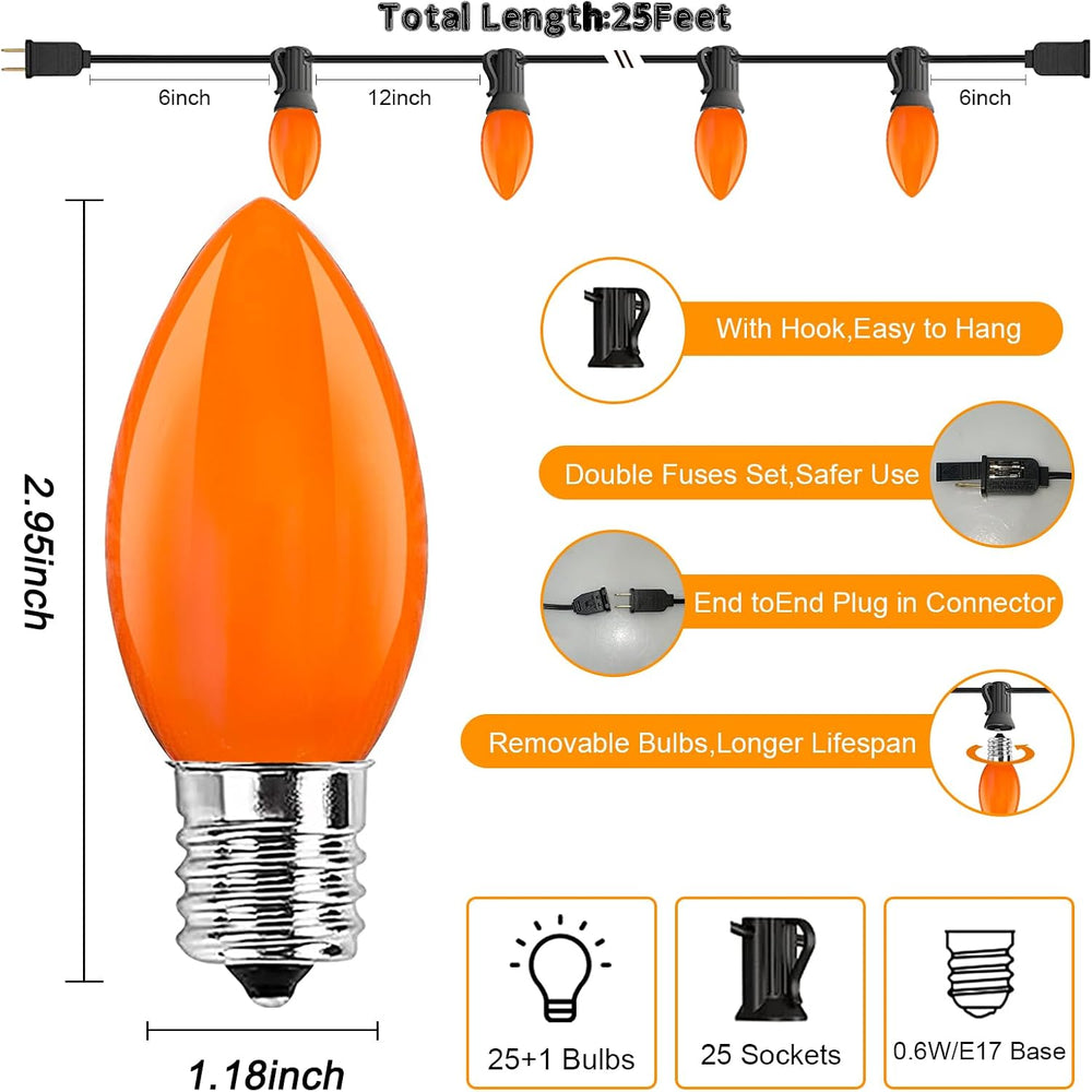 C9 LED Orange Halloween String Lights 25Ft Outdoor Christmas Decorations Ligh...