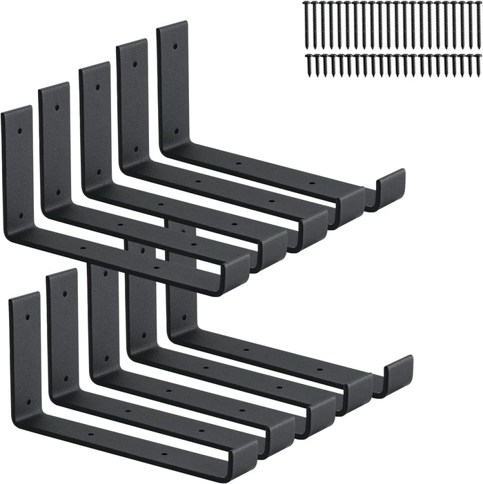 10 Pack Heavy Duty J Shelf Brackets with Lip, 9-Inch Industrial Wall-Mounted Floating Supports for 8.8" Wide Lumber Board, Black, HOME MASTER HARDWARE