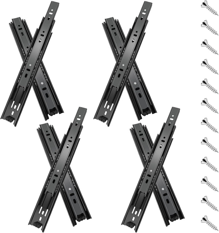 16 inch Drawer Slides 4 Pairs (8pcs) Full Extension Ball Bearing Drawer Rails Side Mount 3 fold Metal Dresser Runners for File Cabinet Trash Can Kitchen Wardrobe Glides 16" Black 100 LB Capacity