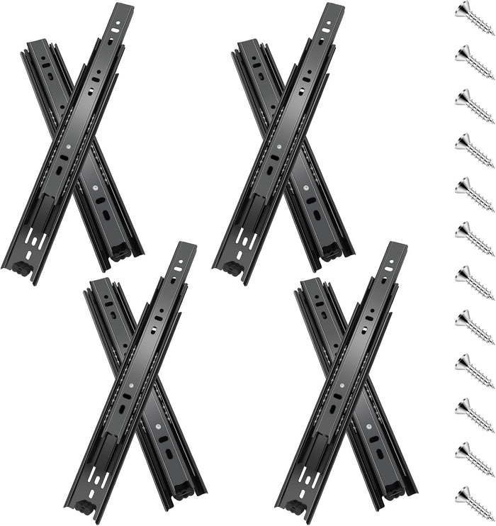 22 inch Drawer Slides 4 Pairs (8pcs) Full Extension Ball Bearing Drawer Rails Side Mount 3 fold Metal Dresser Runners for File Cabinet Trash Can Kitchen Wardrobe Glides 22" Black 100 LB Capacity
