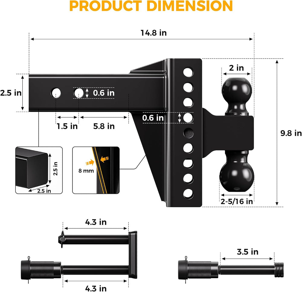 CAMMOO Adjustable Trailer Hitch for 2.5inch Receiver 6 inch Rise/Drop Hitch