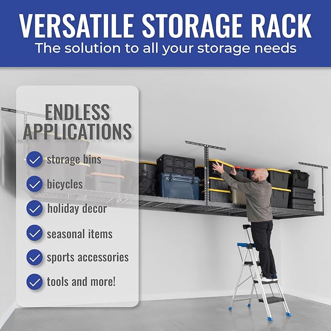 SafeRacks Heavy Duty Overhead Garage Storage Rack, 600 lb Capacity, Adjustabl...