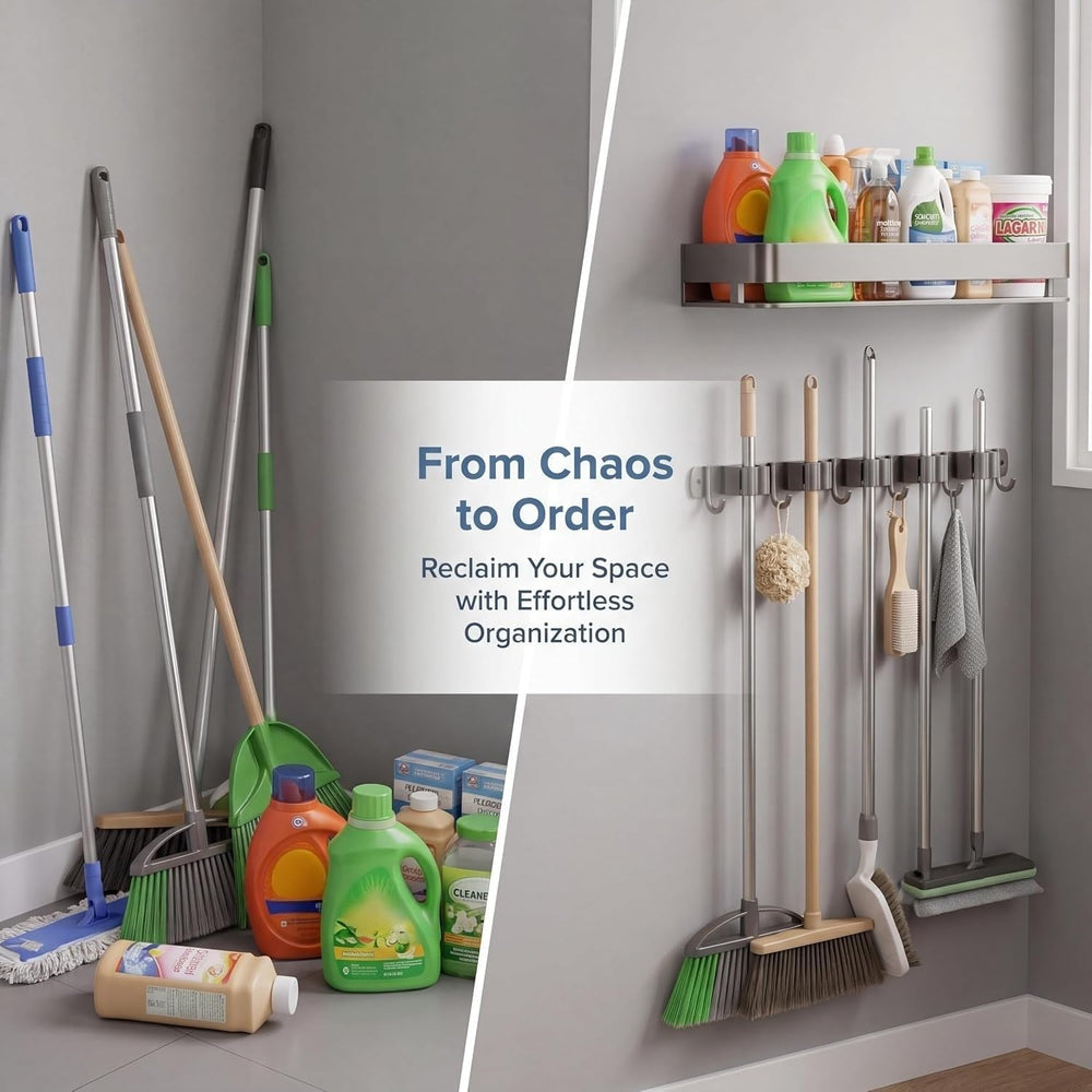 24 Inch Mop and Broom Holder Wall Mount, Broom Hanger Organizer with Hooks