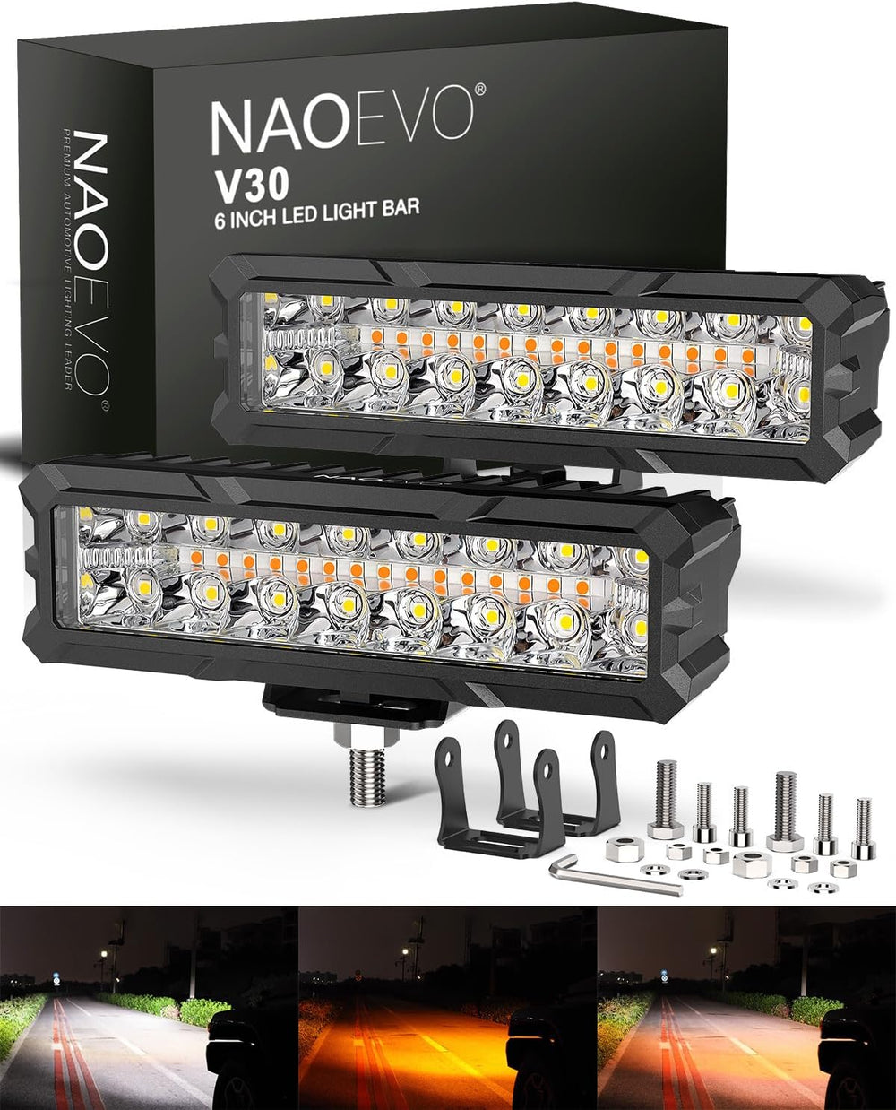 NAOEVO 6 Inch White Amber LED Light Bar, 50W 4000LM LED Fog Lights, 3-Mode