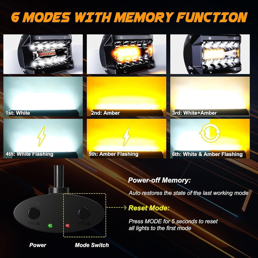 ASLONG 4pcs 4 Inch White/Amber Yellow LED Pods Light Triple Row Spot Flood Co...