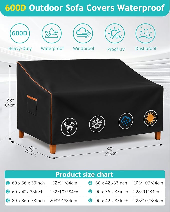 Outdoor Sofa Cover, Waterproof Patio Furniture Cover 90W x 42D x 33H inches