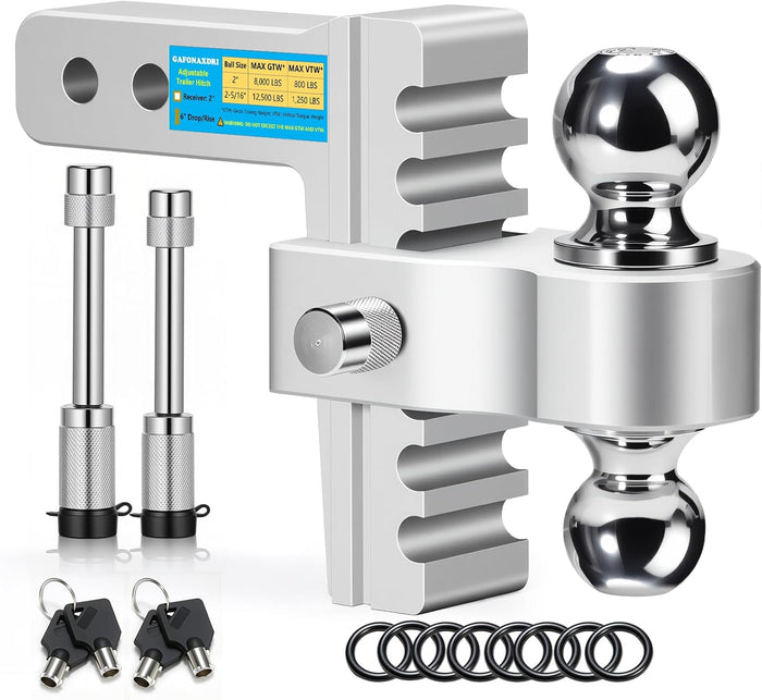 Aircraft Aluminum Adjustable Trailer Hitch for 2 Inch Receiver, Tow Dual Ball 2'' & 2-5/16'' Towing Weight 12,500 LBS, 6'' Drop/Rise, Lightweight/Anti Rust Anti Rattle, Bulletproof Lock Pin