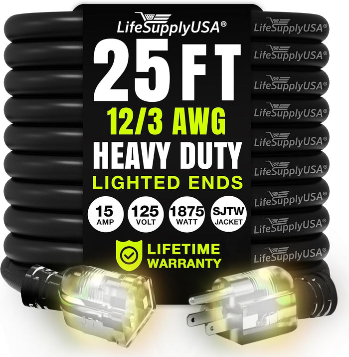 25ft Outdoor/Indoor Extension Cord 12/3 Gauge Extra Heavy Duty 3 Prong SJTW