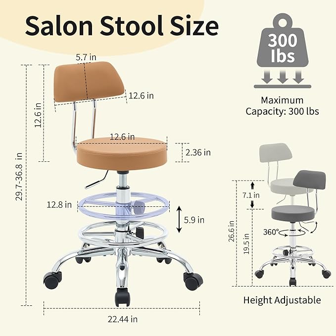 Rolling Stool with Back, Adjustable Tattoo Rolling Chair 19.5’’-26.6’’