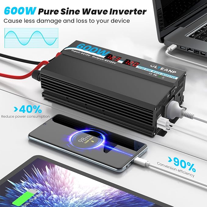 600W Power Inverter Pure Sine Wave Inverter 12V DC to 120V AC Converter