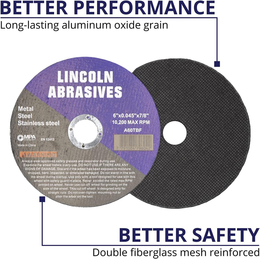 100 Pack 6" Cut-Off Wheels Lincoln Abrasives .045" Metal & Stai...