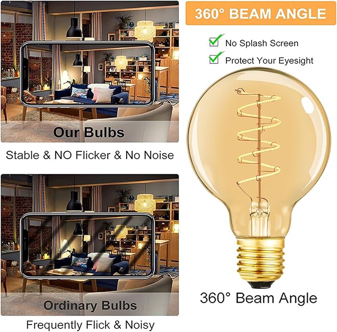 Leools Vintage LED Spiral Filament Bulb G25/G80 Dimmable Flick-Free 6W CRI95 ...